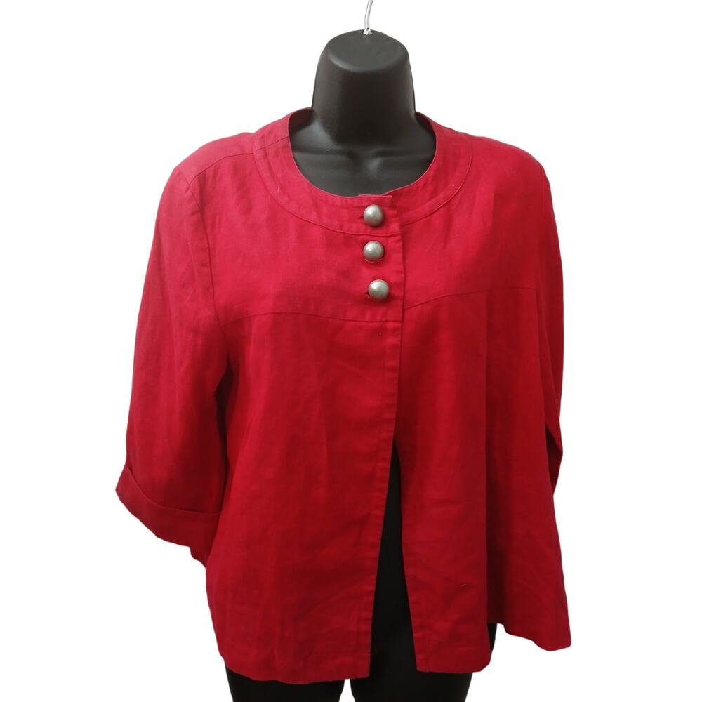 Style & Co Red Jacket 3/4 Sleeves Gold Button Front Relaxed Lined Linen sz 12